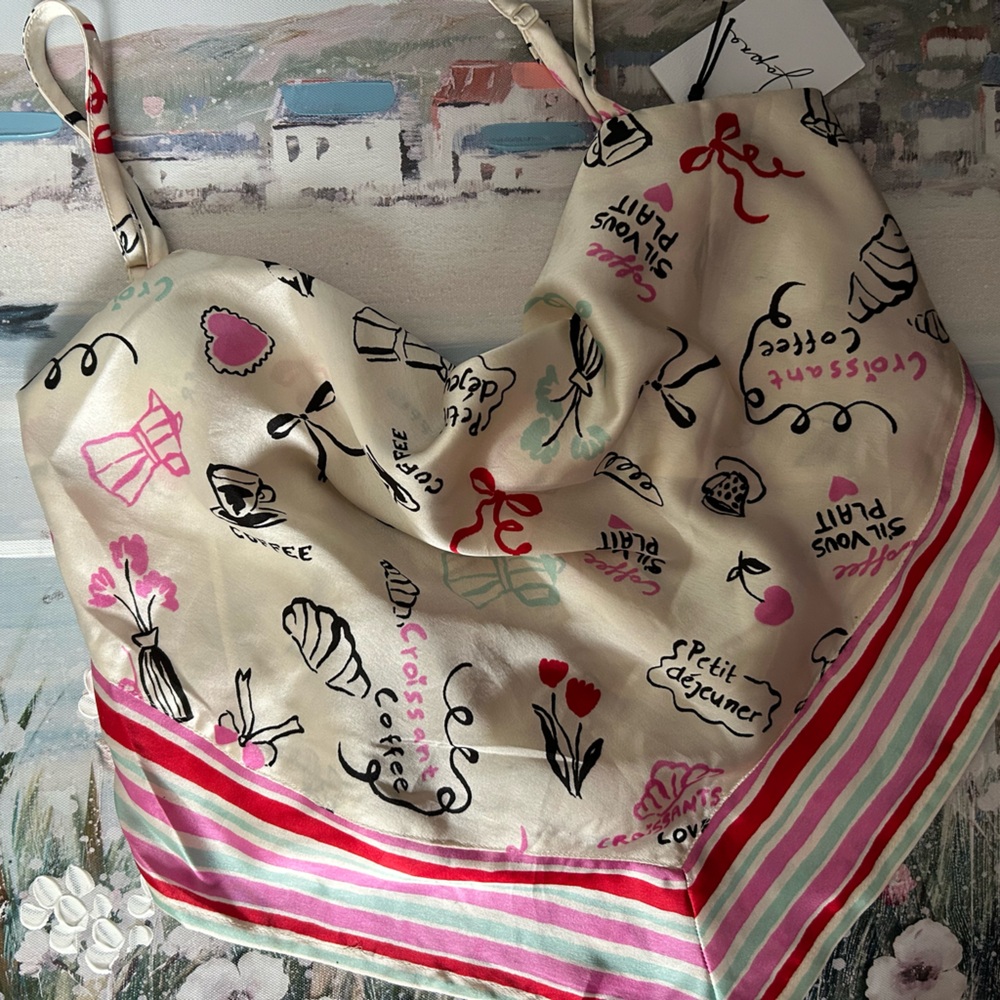 New Japna Silky Handkerchief Top Paris French Print European Boho💕🍒🌸🥐☕️👛